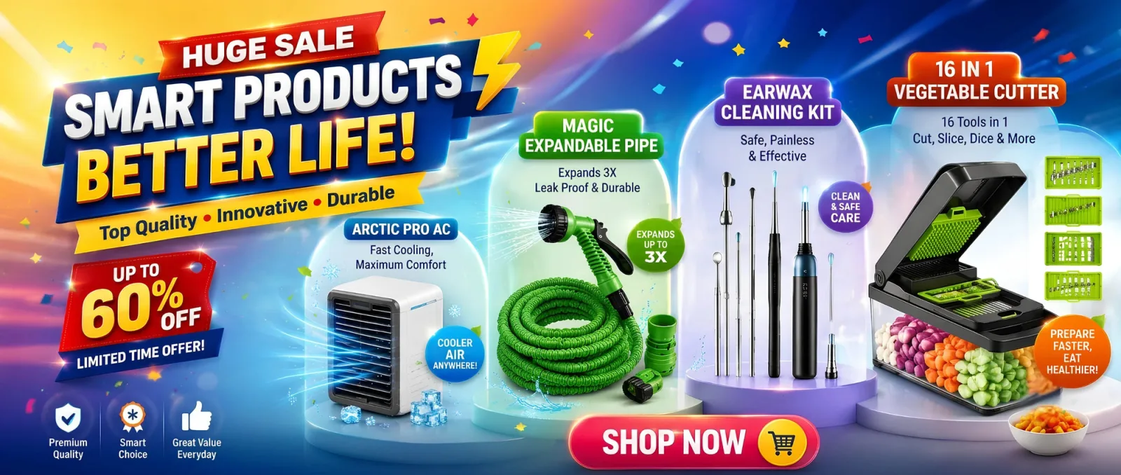 Smart home and kitchen products sale — vegetable cutter, ear wax cleaning kit, expandable hose, mini air cooler