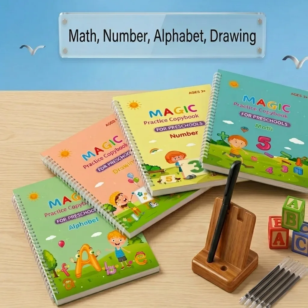 Kids Magic Practice Book Set (4 Books) –with 5 Refill Magic Pens - Maxum Mart