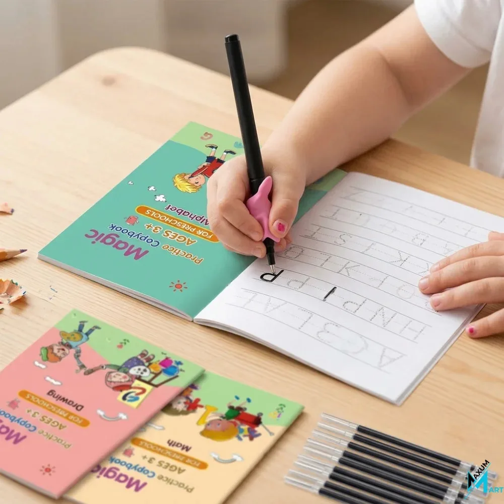 Kids Magic Practice Book Set (4 Books) –with 5 Refill Magic Pens - Maxum Mart