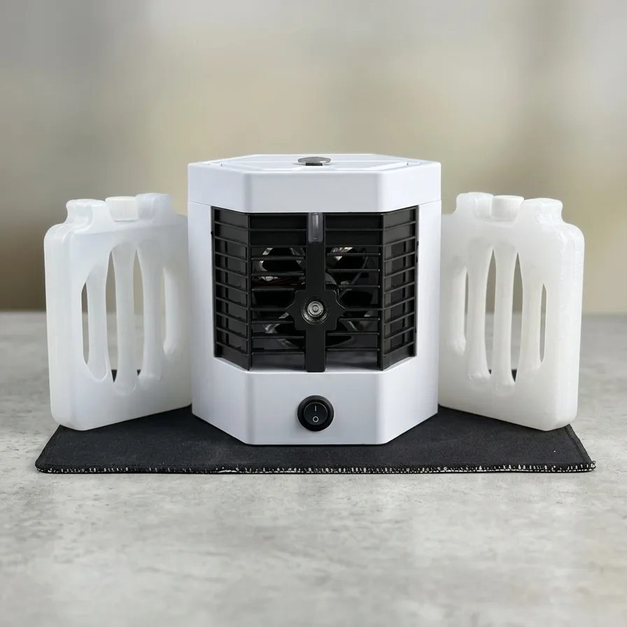 Small white portable heater with black interior on a light gray surface. Mini air cooler pro with 2 water bottles